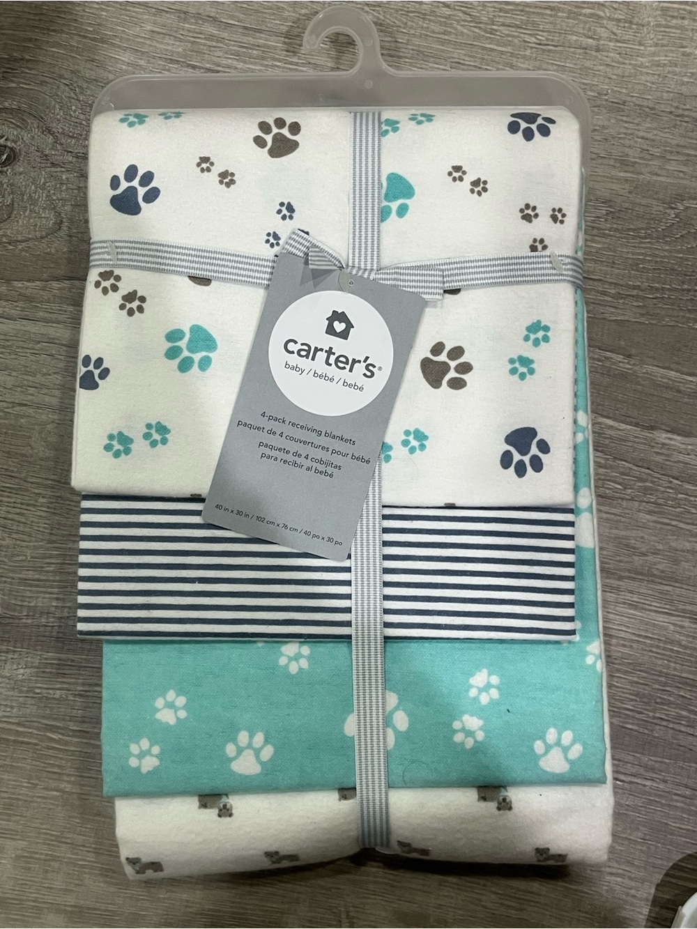 carter's Baby Paw Print Receiving Blankets - White & Teal (4-Pack)